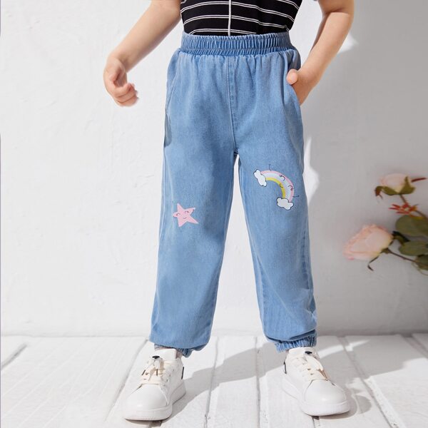 

Toddler Girls Cartoon Rainbow Print Jeans, Light wash