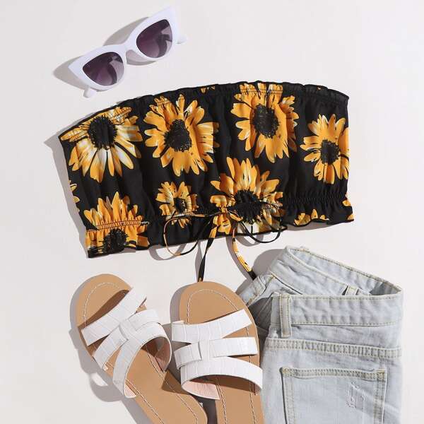 

Sunflower Print Frill Trim Tie Front Tube Top, Multicolor