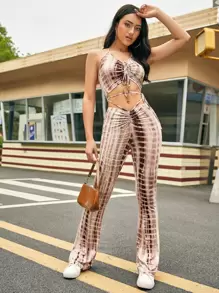 SHEIN ICON 紮染抽繩繞頸上衣和鏤空褲子套裝 - 摩卡棕 - 查看 1