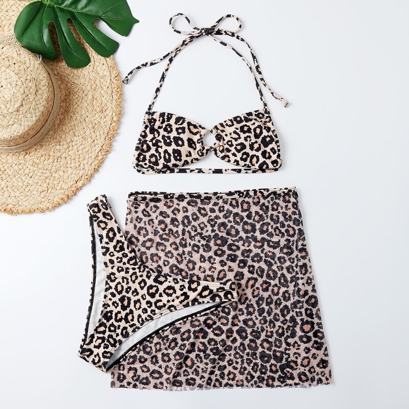 

3pack Leopard Halter Bikini Swimsuit & Beach Skirt, Multicolor