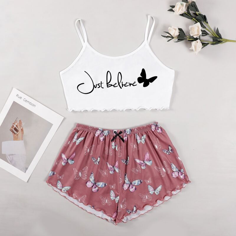 

Slogan And Butterfly Print Lettuce Trim Cami Pajama Set, Multicolor