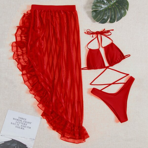 

3pack Halter High Cut Bikini Swimsuit & Beach Skirt, Red