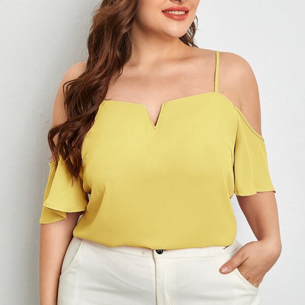 

Plus Notch Neck Cold Shoulder Top, Yellow