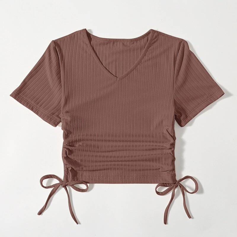 

Solid Ribbed Drawstring Side Tee, Chocolate brown