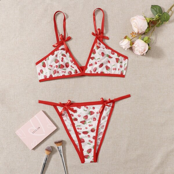 

Plus Fruit Print Bow Decor Lingerie Set, Multicolor