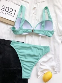 Rib Push Up Top & High Waisted Bottom Bikini Set, For Summer Beach Vacation - Mint Green - View 2