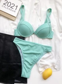 Rib Push Up Top & High Waisted Bottom Bikini Set, For Summer Beach Vacation - Mint Green - View 3
