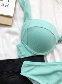 Rib Push Up Top & High Waisted Bottom Bikini Set, For Summer Beach Vacation - Mint Green - View 5
