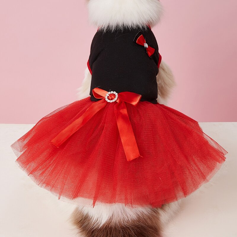 

Bow Decor Pet Lace Dress, Red