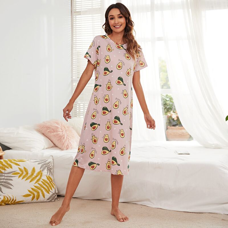 

Avocado & Letter Print Sleep Dress, Multicolor