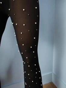 SHEIN Pearls Beaded Sheer Mesh Flare Trousers Without Panties - Black - View 3