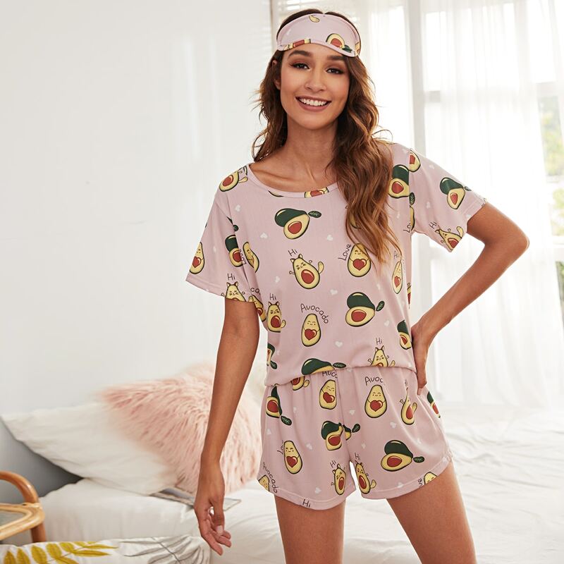 

Letter & Cartoon Print Pajama Set & Eye Cover, Dusty pink