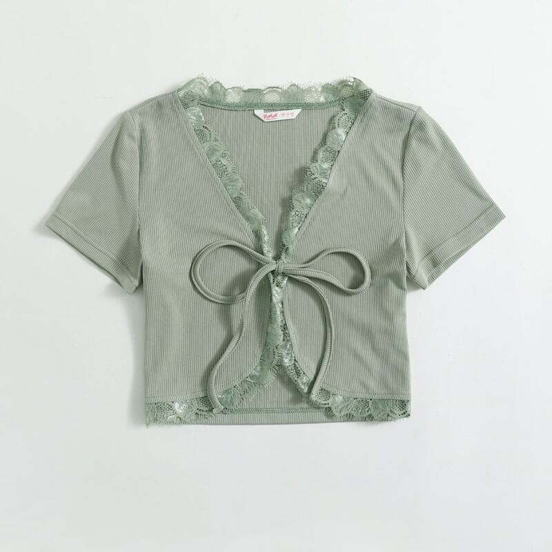 

Contrast Lace Tie Front Ribbed Top, Mint green