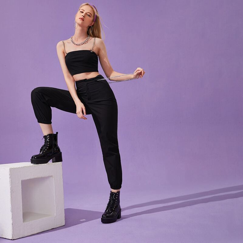 

Solid Chain Crop Cami & Joggers, Black