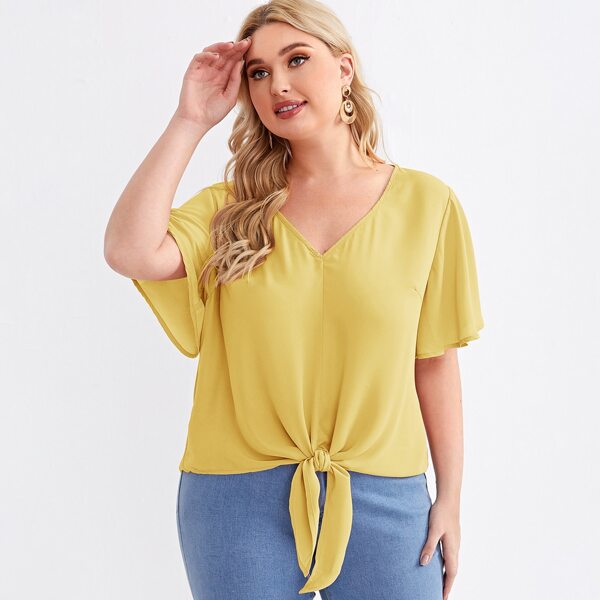 

Plus Butterfly Sleeve Knot Hem Top, Yellow