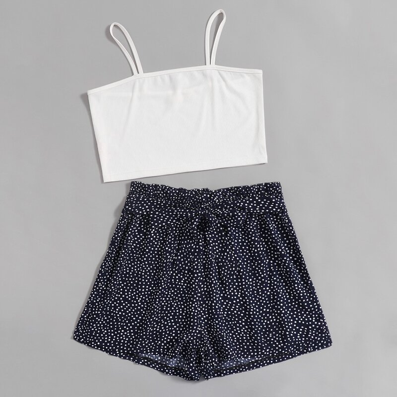 

Solid Crop Cami & Dalmatian Belted Shorts, Multicolor
