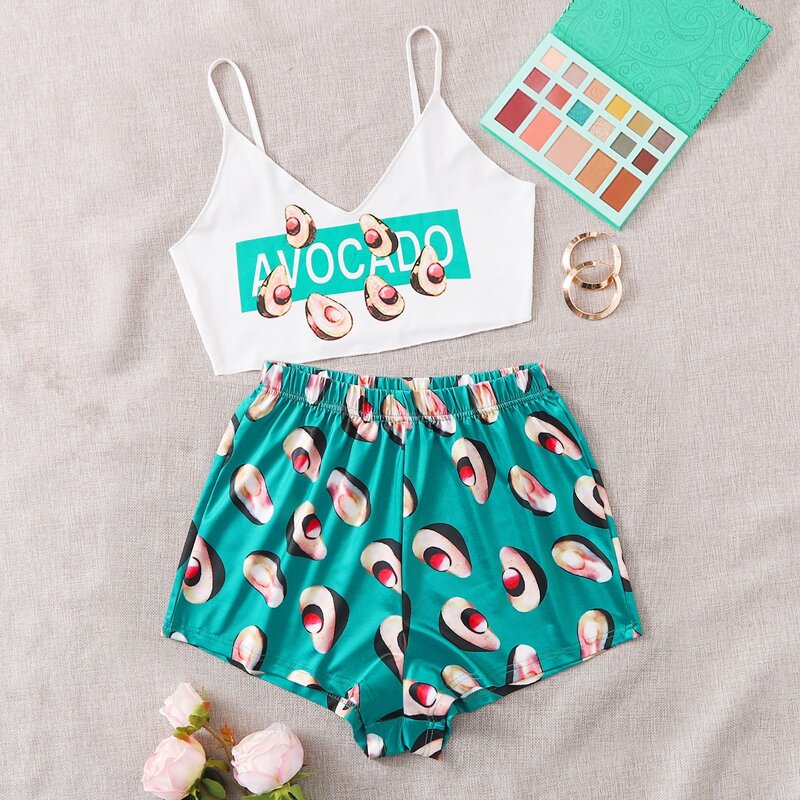 

Avocado And Letter Graphic Cami PJ Set, Blue and white
