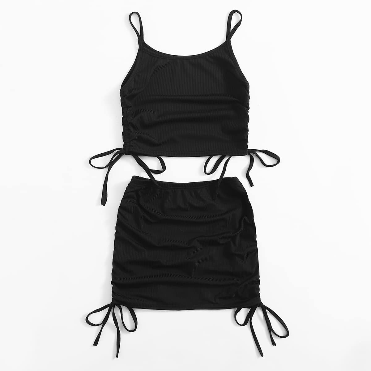 

Solid Ribbed Drawstring Cami & Skirt, Black
