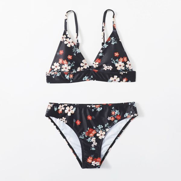 

Floral Random Print Bikini Swimsuit, Black