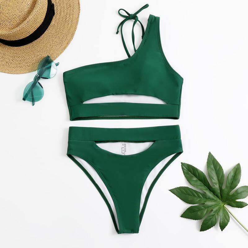 

Cut Out One Shoulder Bikini Swimsuit, Dark green