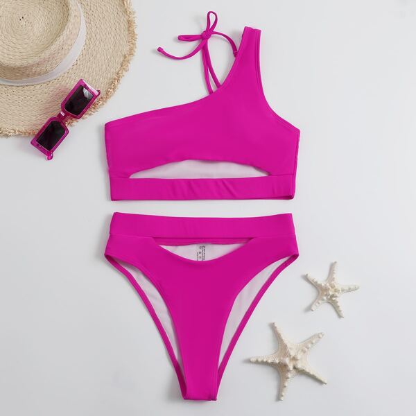 

Cut Out One Shoulder Bikini Swimsuit, Hot pink