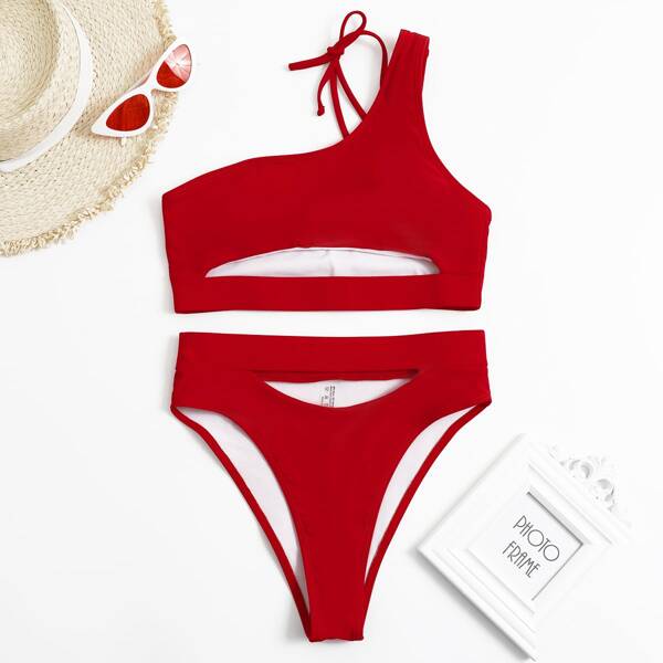 

Cut-out One Shoulder High Waisted Bikini Swimsuit, Red