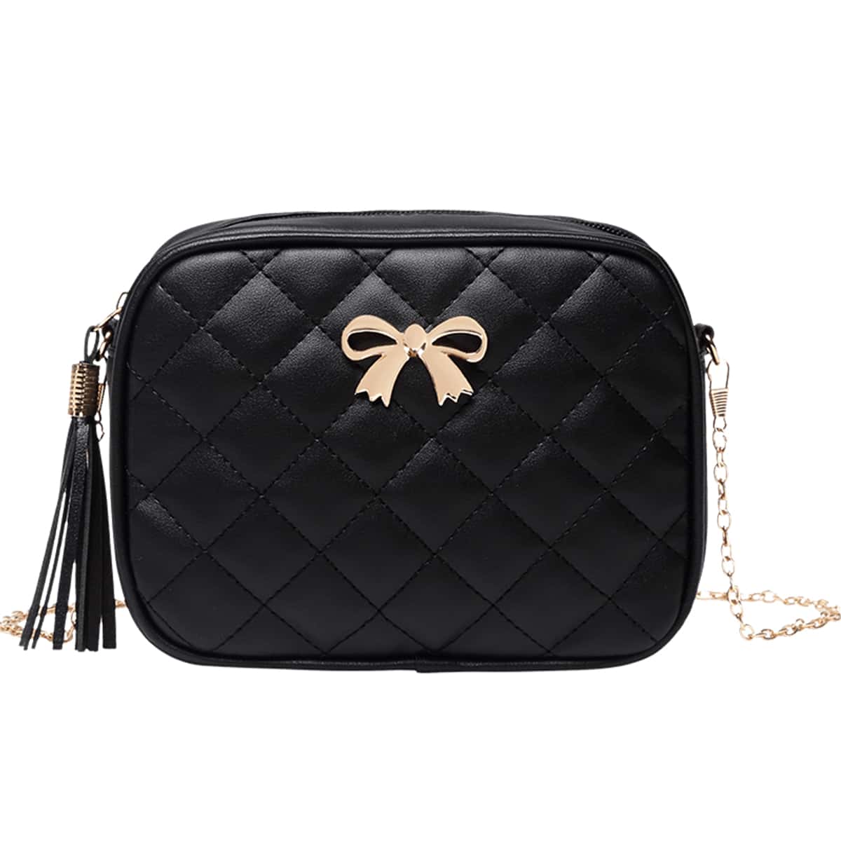

Quilted Bow Chain Crossbody Bag, Black