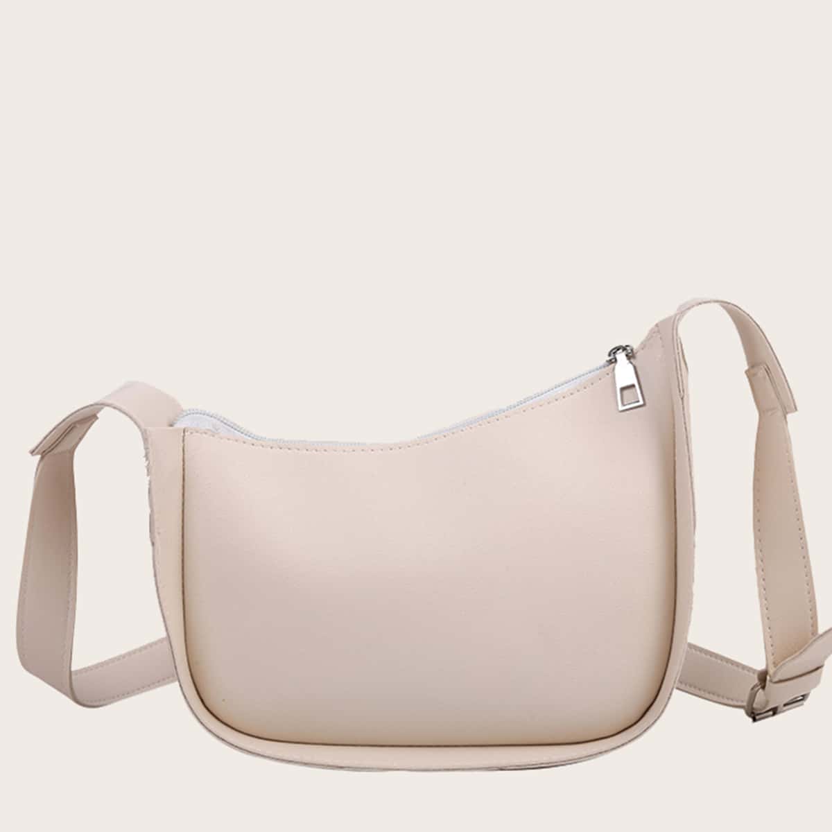 

Solid Zip Shoulder Bag, Beige