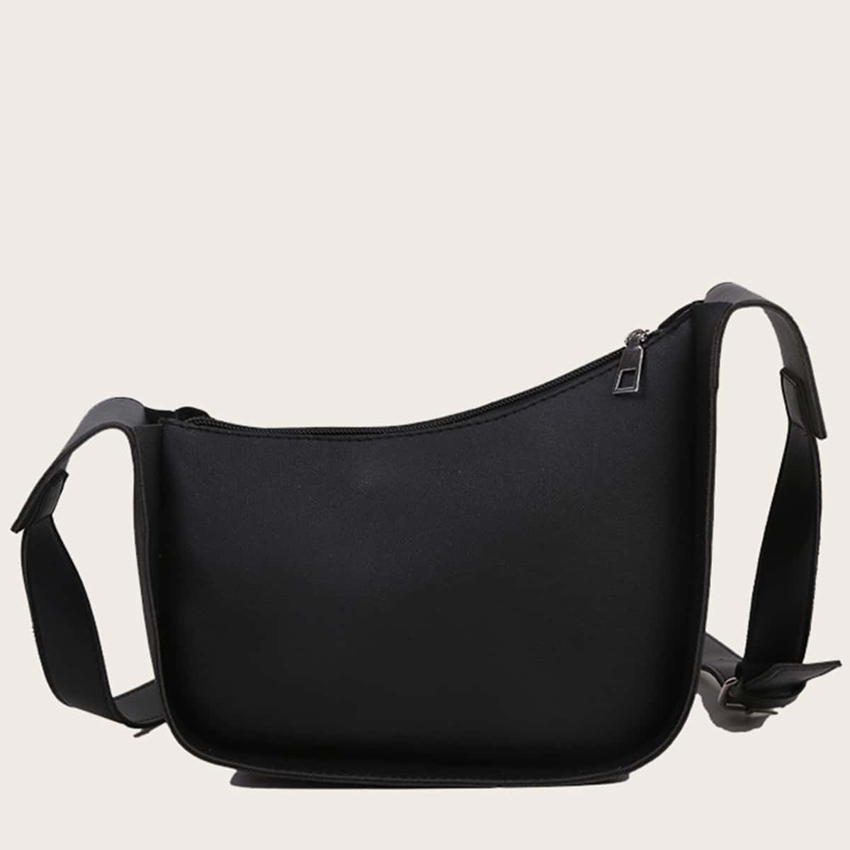 

Solid Zip Shoulder Bag, Black