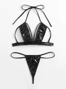 Faux Leather Lingerie Set - Black - View 1