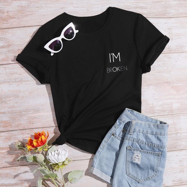 

Slogan Graphic Round Neck Tee, Black