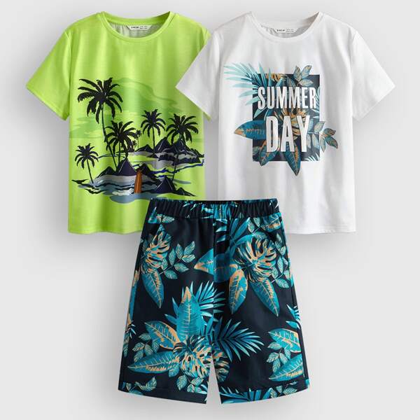 

Boys Letter and Tropical Print 2 Top & Shorts Set, Multicolor