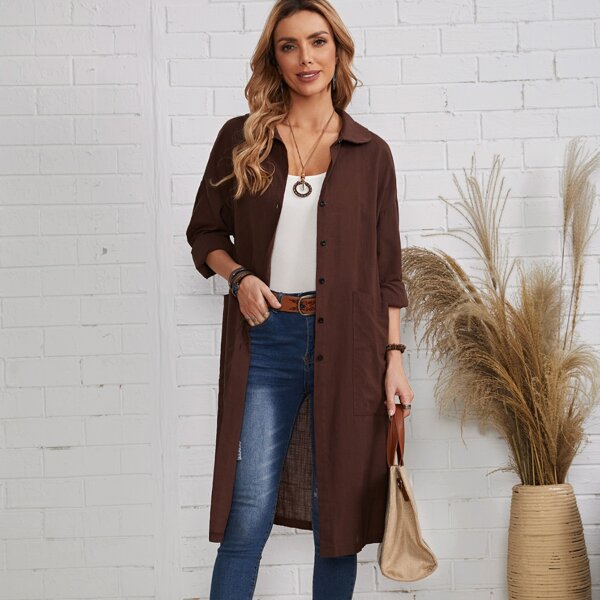 

Solid Button Through Dual Pocket Overshirt, Chocolate brown