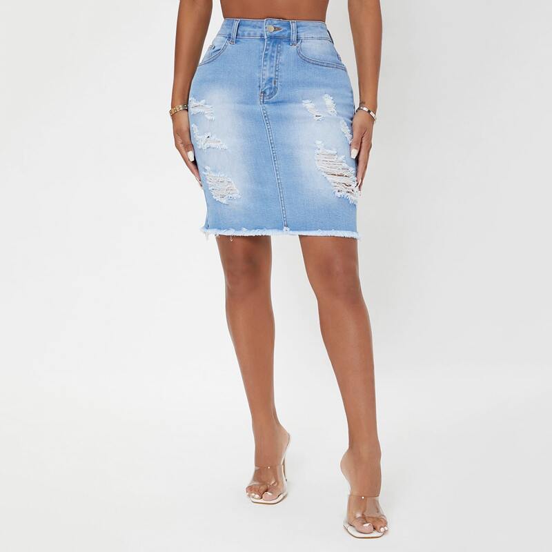 

High Waist Ripped Raw Hem Denim Skirt, Light wash
