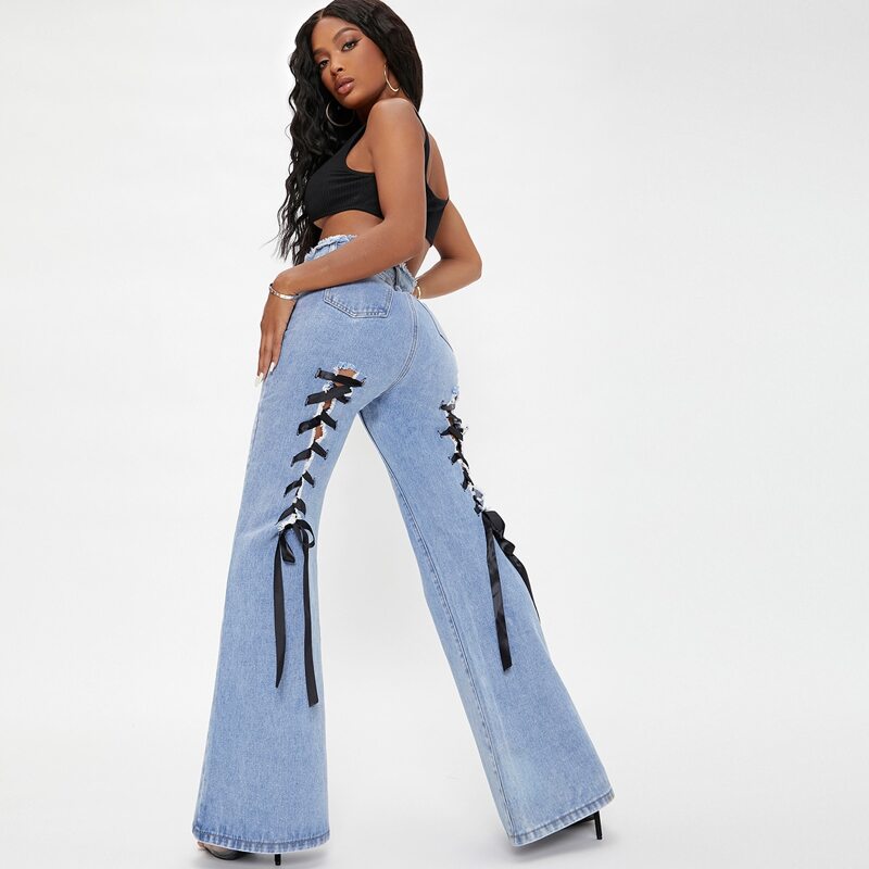 

Curvy Lace Up Detail Flare Jeans, Light wash