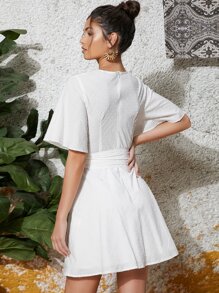 SHEIN Flutter Sleeve Lace Insert Belted Dress - White - View 2