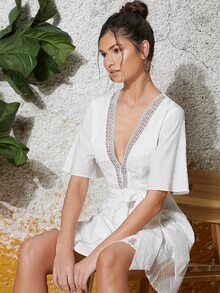 SHEIN Flutter Sleeve Lace Insert Belted Dress - White - View 4