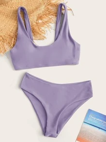 Plain Scoop Neck Bikini Set For Summer Beach Vocation - Lilac Purple - View 1