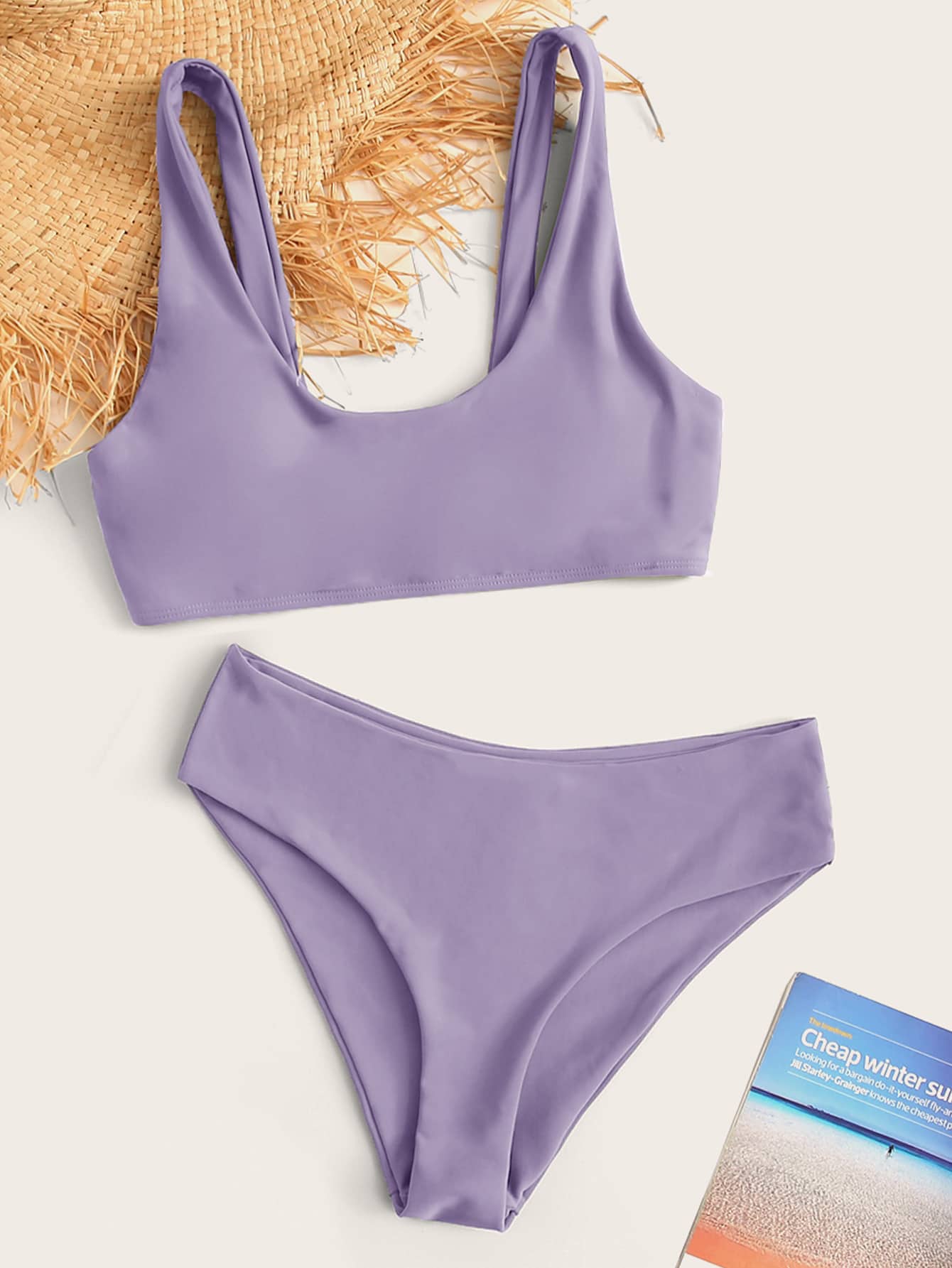 Plain Scoop Neck Bikini Set For Summer Beach Vocation - Lilac Purple - View 1