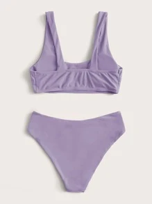 Plain Scoop Neck Bikini Set For Summer Beach Vocation - Lilac Purple - View 2