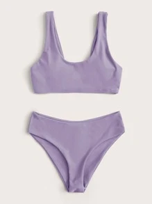 Plain Scoop Neck Bikini Set For Summer Beach Vocation - Lilac Purple - View 3