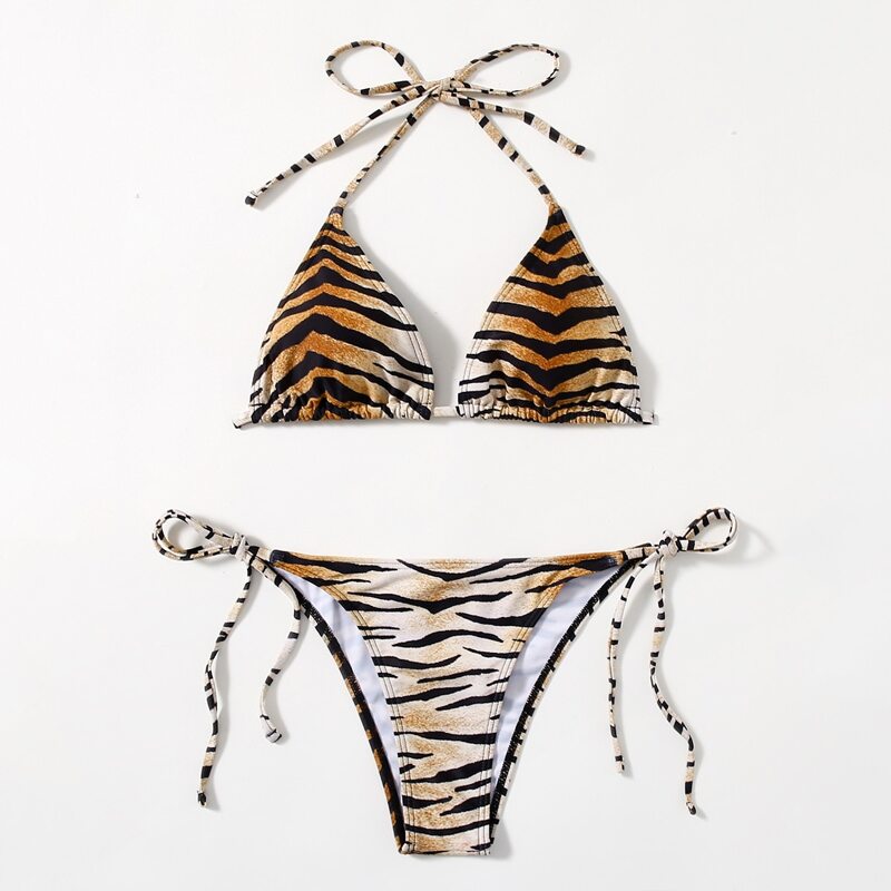 

Tiger Striped Tie Side Bikini Swimsuit, Multicolor
