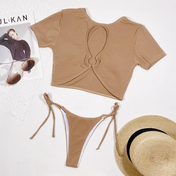 

Cut Out Ring Linked Bikini Swimsuit, Khaki