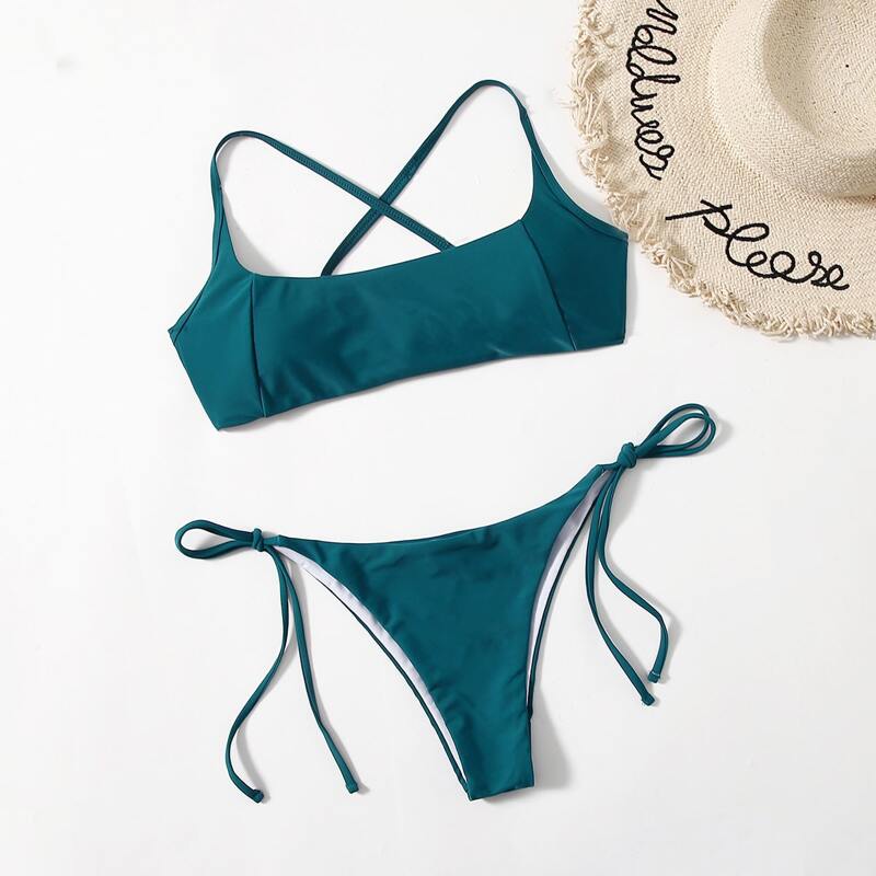 

Criss Cross Tie Side Bikini Swimsuit, Teal blue