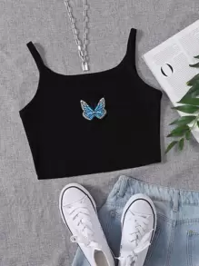 SHEIN EZwear Butterfly Patched Rib-knit Crop Cami Top - Black - View 1