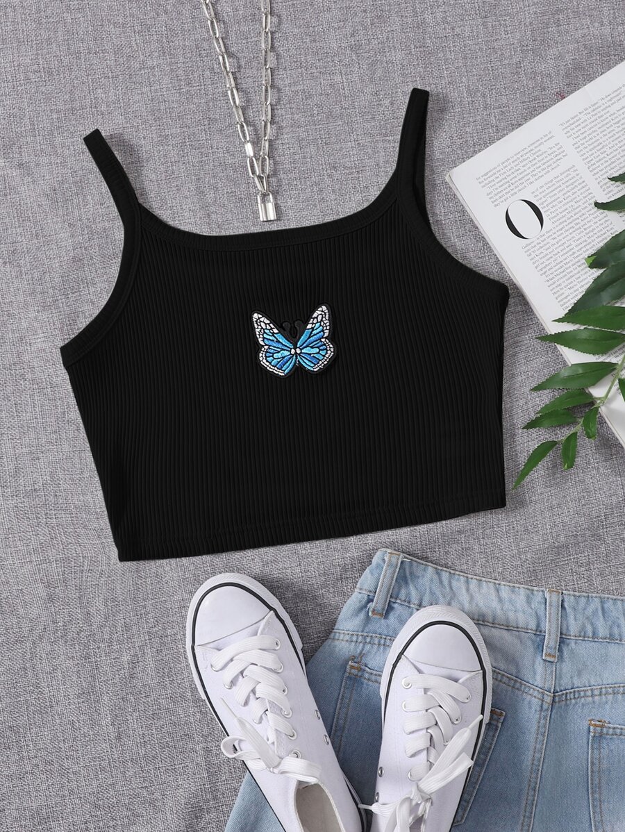SHEIN EZwear Butterfly Patched Rib-knit Crop Cami Top - Black - View 1