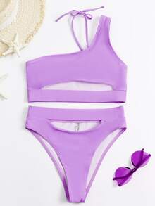 Conjunto de bikini con un solo hombro recortado - Lila Púrpura - Ver 3