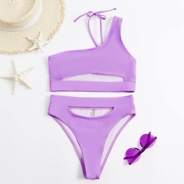 

Cut Out One Shoulder Bikini Swimsuit, Lilac purple
