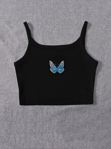 SHEIN EZwear Butterfly Patched Rib-knit Crop Cami Top - Black - View 3