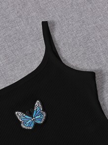 SHEIN EZwear Butterfly Patched Rib-knit Crop Cami Top - Black - View 5